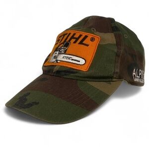 STIHL Camouflage Hat with Chainsaw Logo, Adjustable Size, Green/Orange